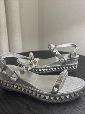 Christian Louboutin Pyraclou 60 Espadrille Sandals Silver 36